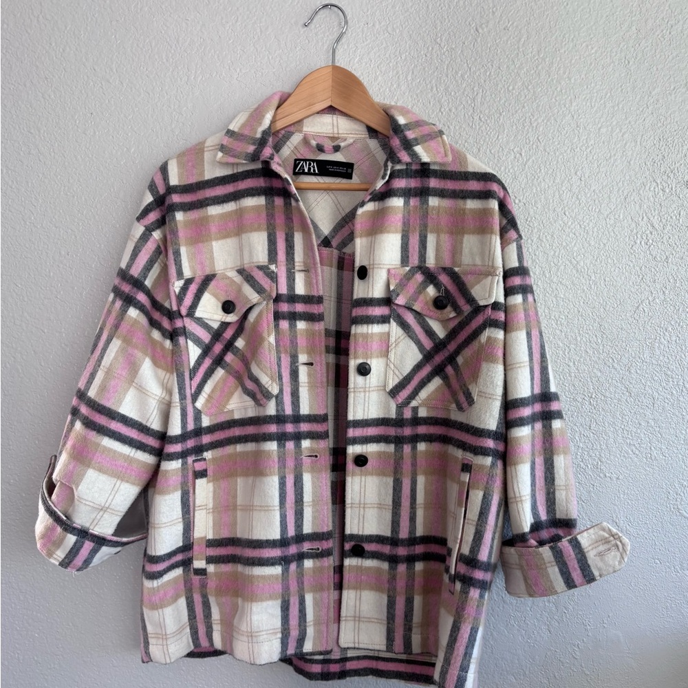 Zara Pastel Plaid Utility Jacket Shacket Oversized Size S - Picture 10 of 12